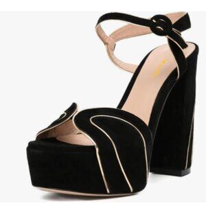 XYD Black Retro Chunky Heel Thick Platform Open Toe Buckle Ankle Strap Sandals